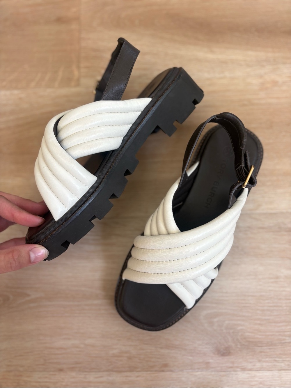 Tory Burch Cream Quilted Cross-Strap Sandals with Brown Lug Sole - Picture 6 of 9